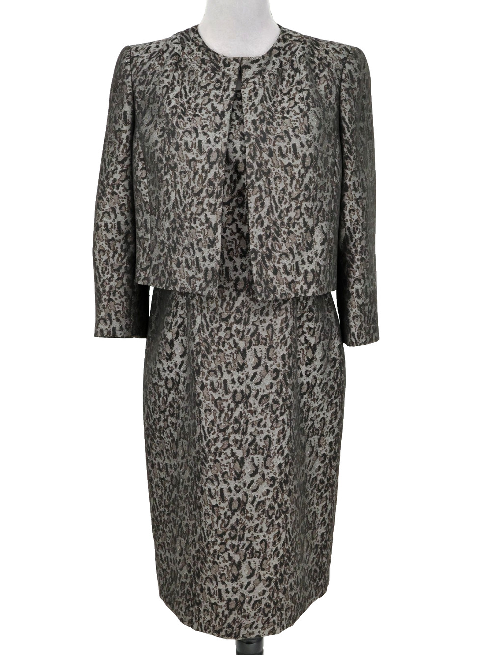 Kasper Dress Suit Womens 6 Gray Animal Print 2 Piece Bolero Open Jacket Lined